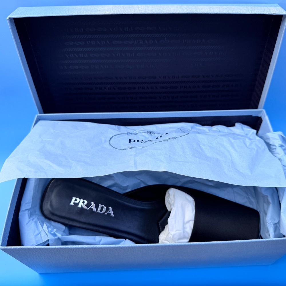 100% PRADA new stylish black satin slip-on kitten heel mules. SZ: US 8/EU 38 - Picture 7 of 10